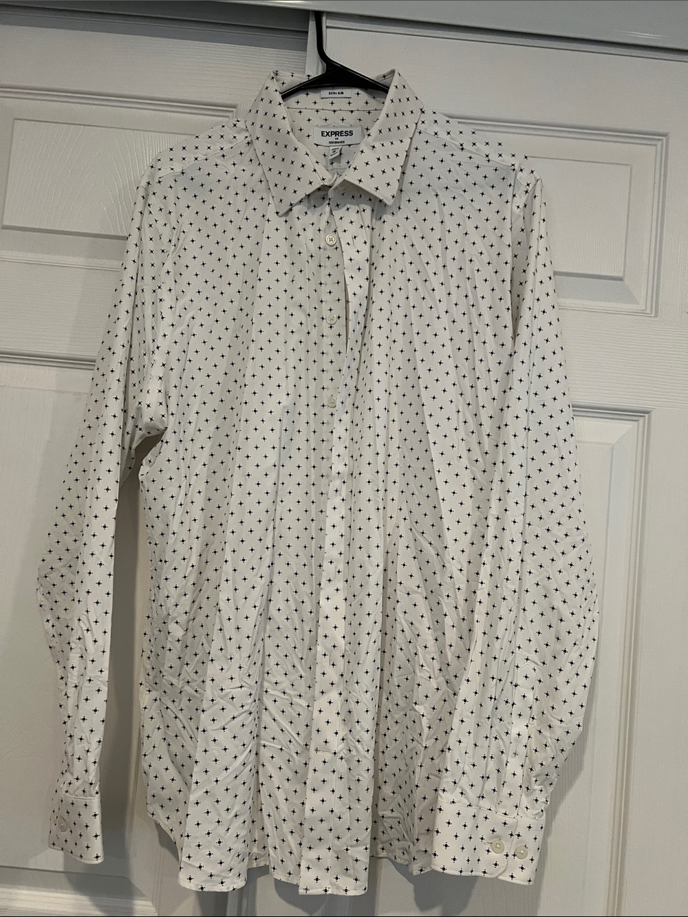 Express Men’s White Button-Down Shirt with Black Micro Dot Print